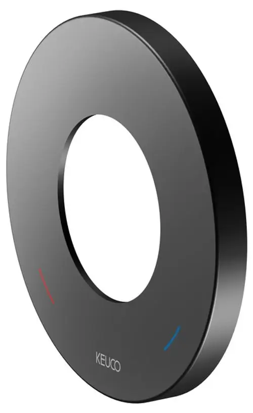 Schwarze runde Wandrosette von Keuco mit einem zentralen Loch und farbigen Markierungen für Warm- (rot) und Kaltwasser- (blau) Leitung.